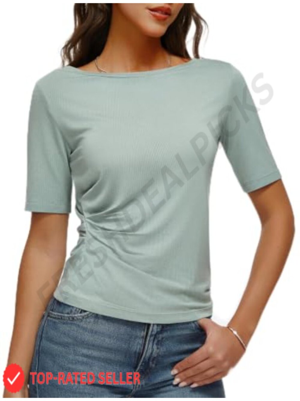 Boat Neck Ruched Fitted Tee Cotton Modal Short Sleeve Top
